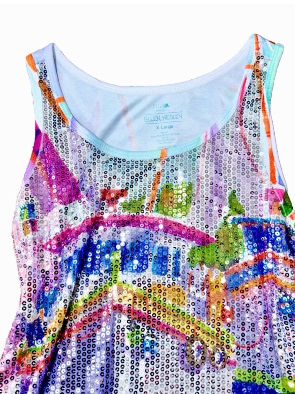 Ellen Negley Sleeveless Sequins Tank Top size XL X Large Abstract Colorful Artsy